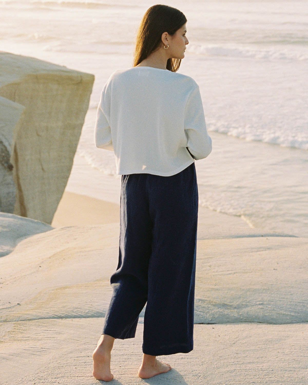 navy linen elastic waist pants
