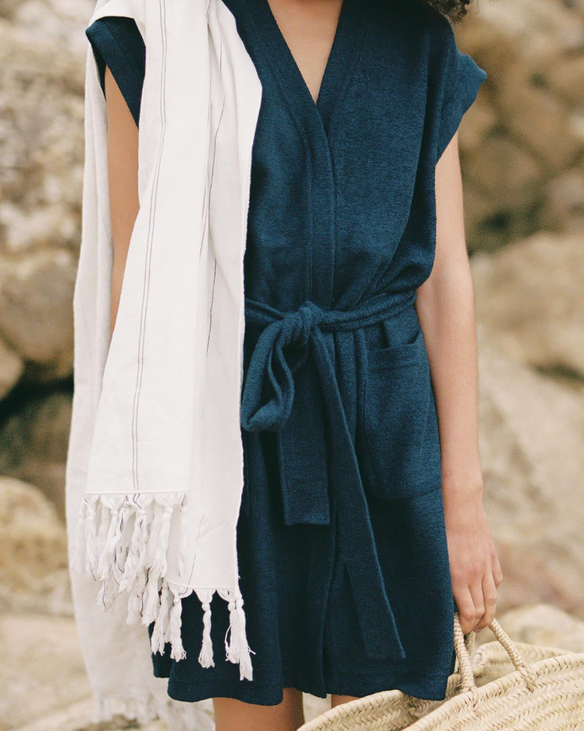 marine blue beach cover-up made from organic cotton and terry towel