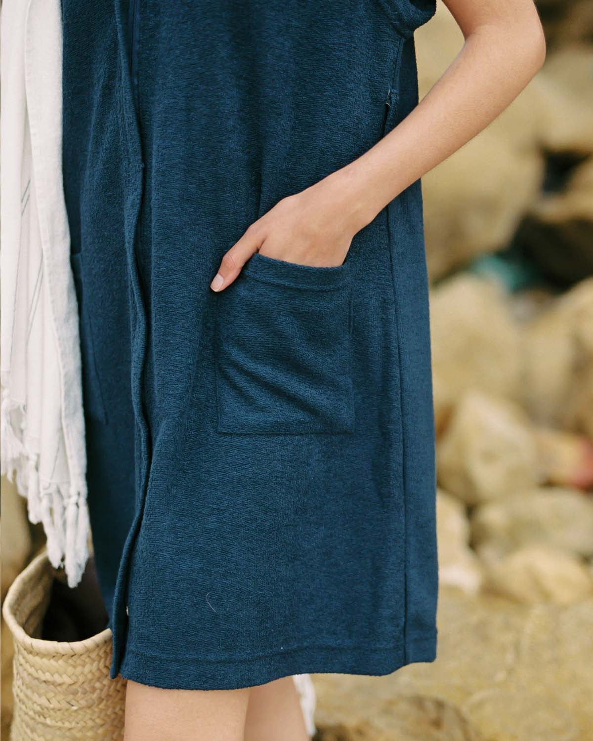 marine blue beach cover-up made from organic cotton and terry towel