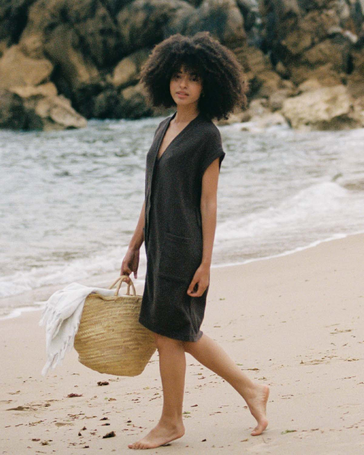 brown cotton terry beach cover-up with pockets and tie