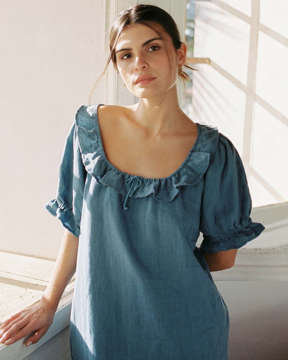 denim blue dress with puff sleeves made from 100% linen