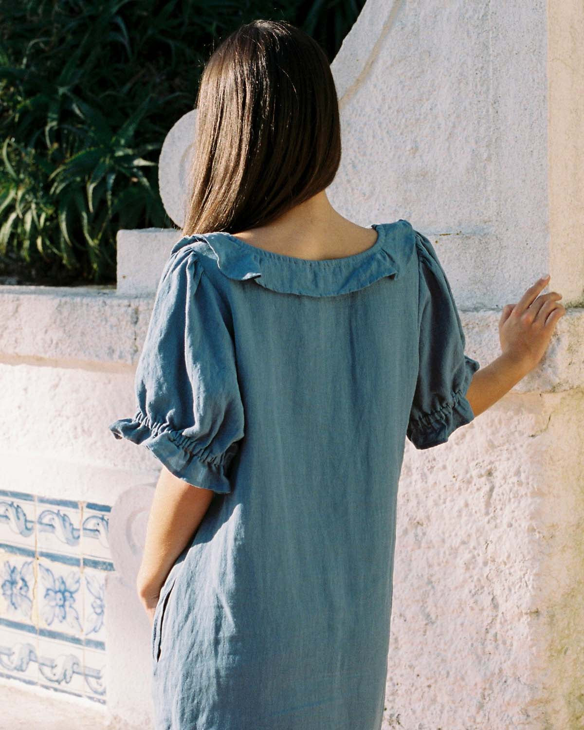 denim blue dress with puff sleeves made from 100% linen
