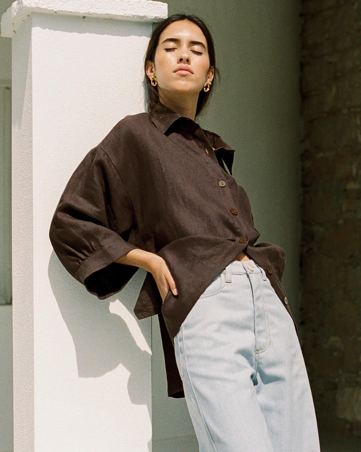 brown linen button-up blouse with 3/4 sleeves
