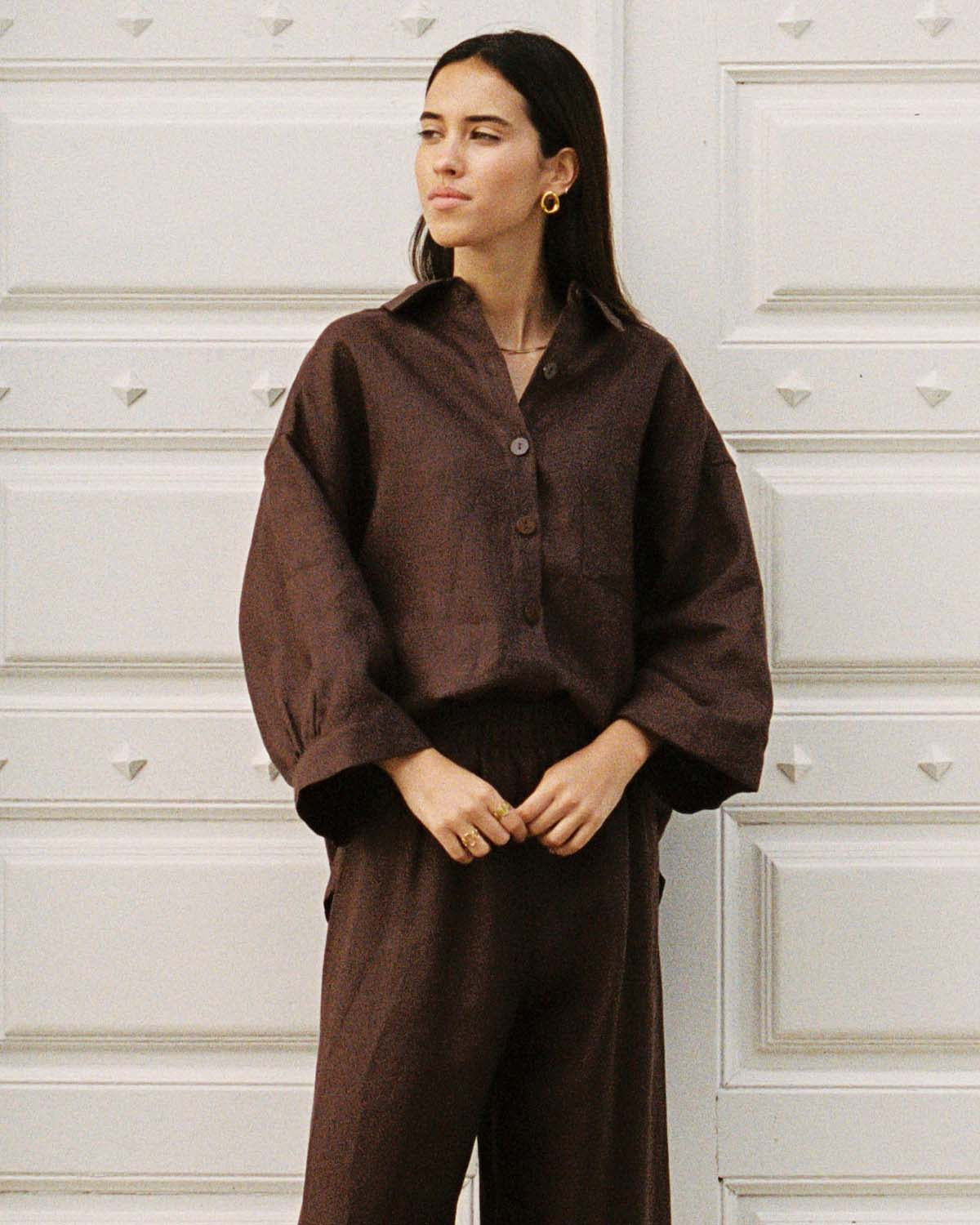 brown linen button-up blouse with 3/4 sleeves