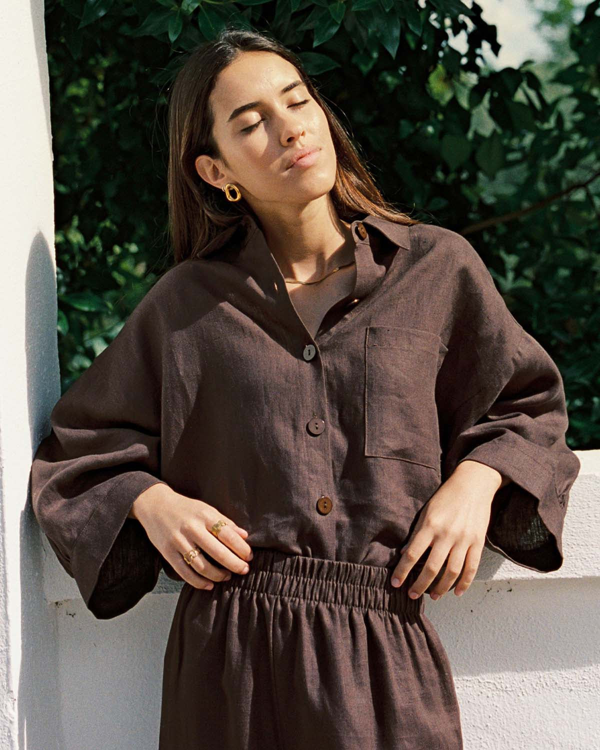 brown linen button-up blouse with 3/4 sleeves
