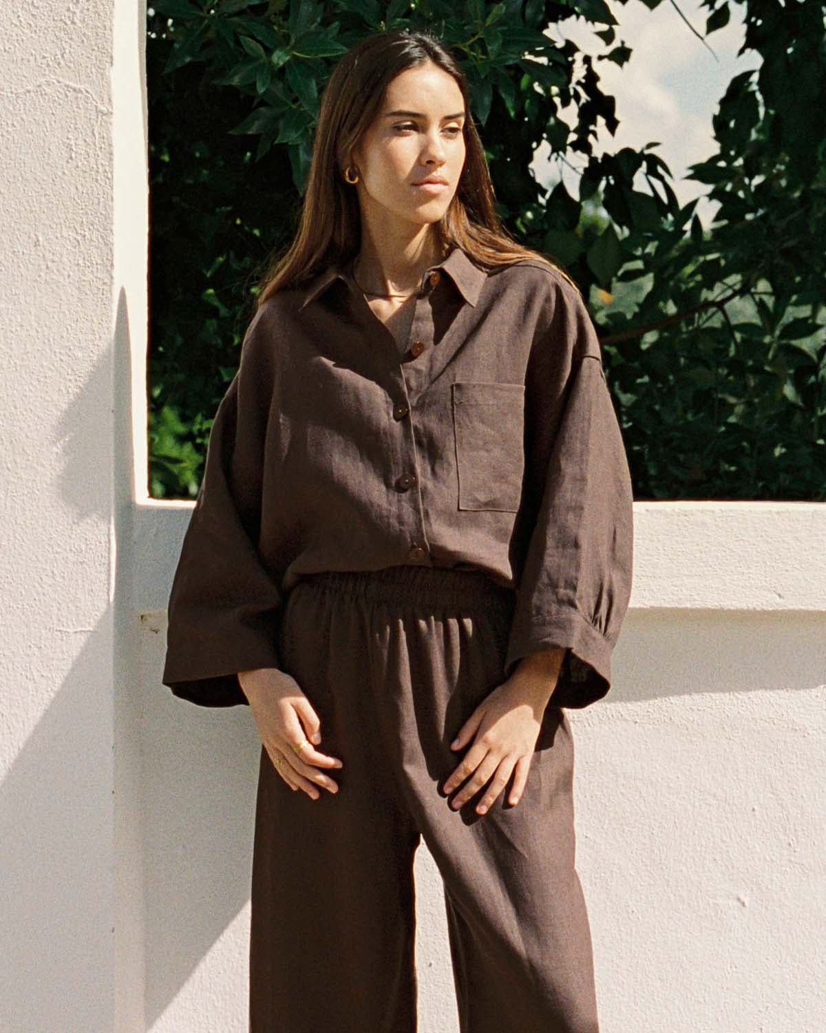 brown linen button-up blouse with 3/4 sleeves