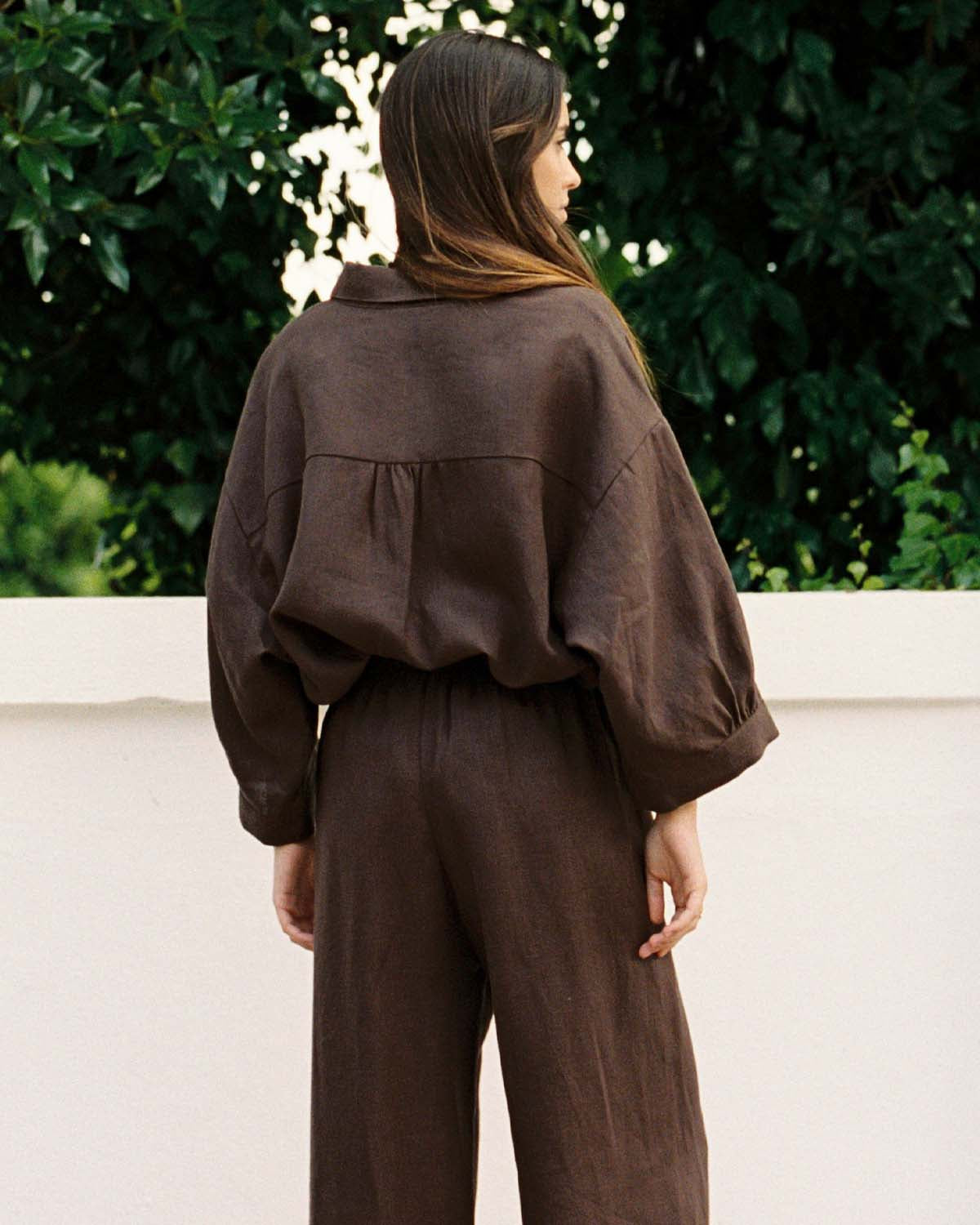 brown linen button-up blouse with 3/4 sleeves