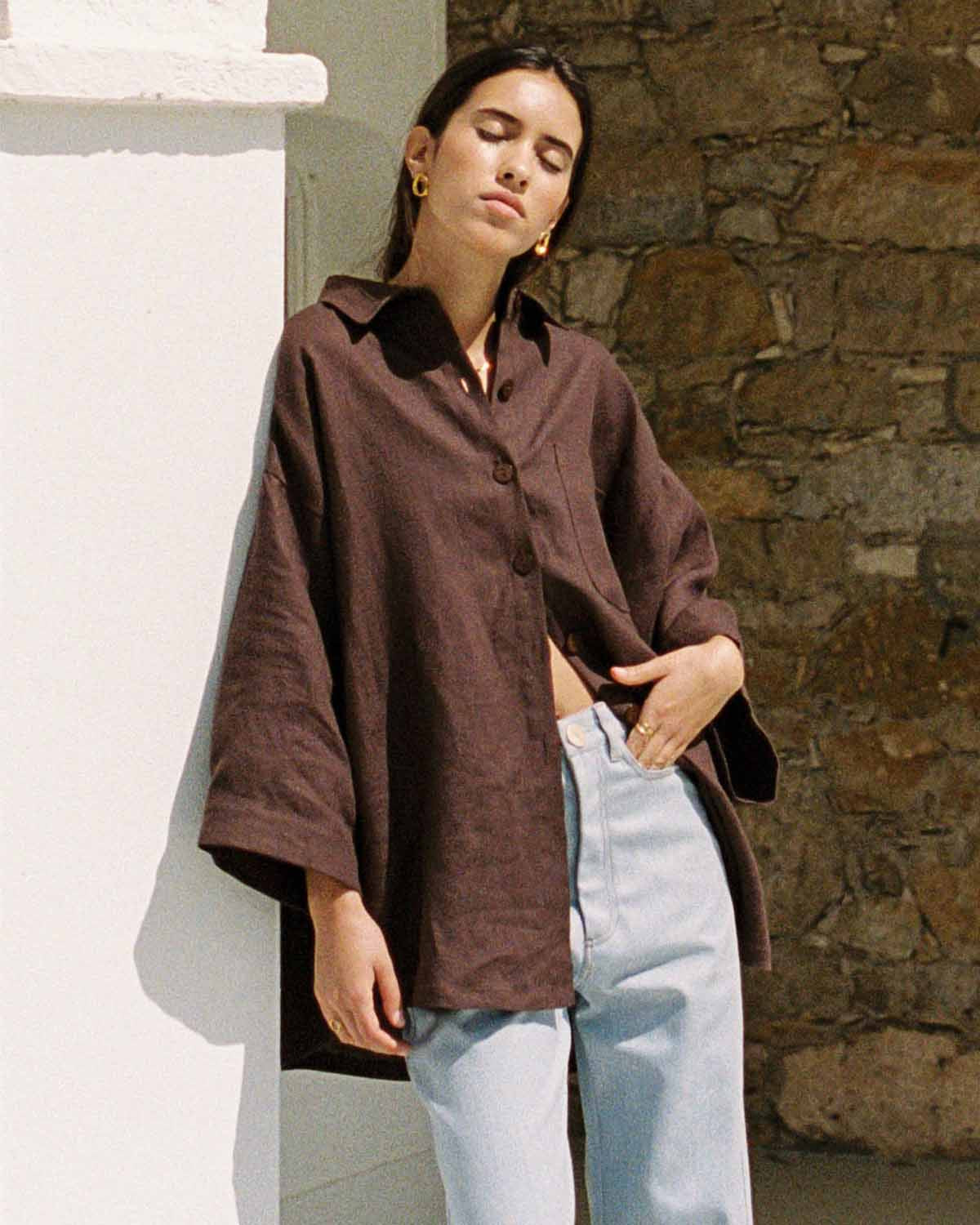brown linen button-up blouse with 3/4 sleeves