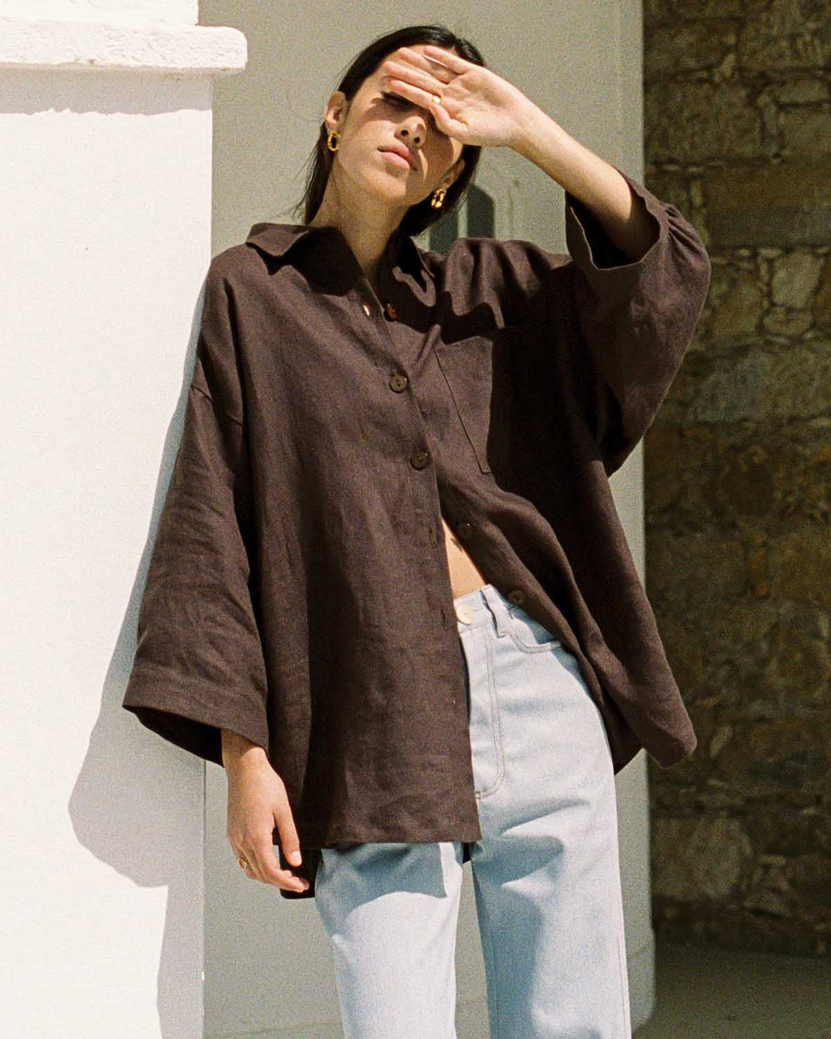 brown linen button-up blouse with 3/4 sleeves