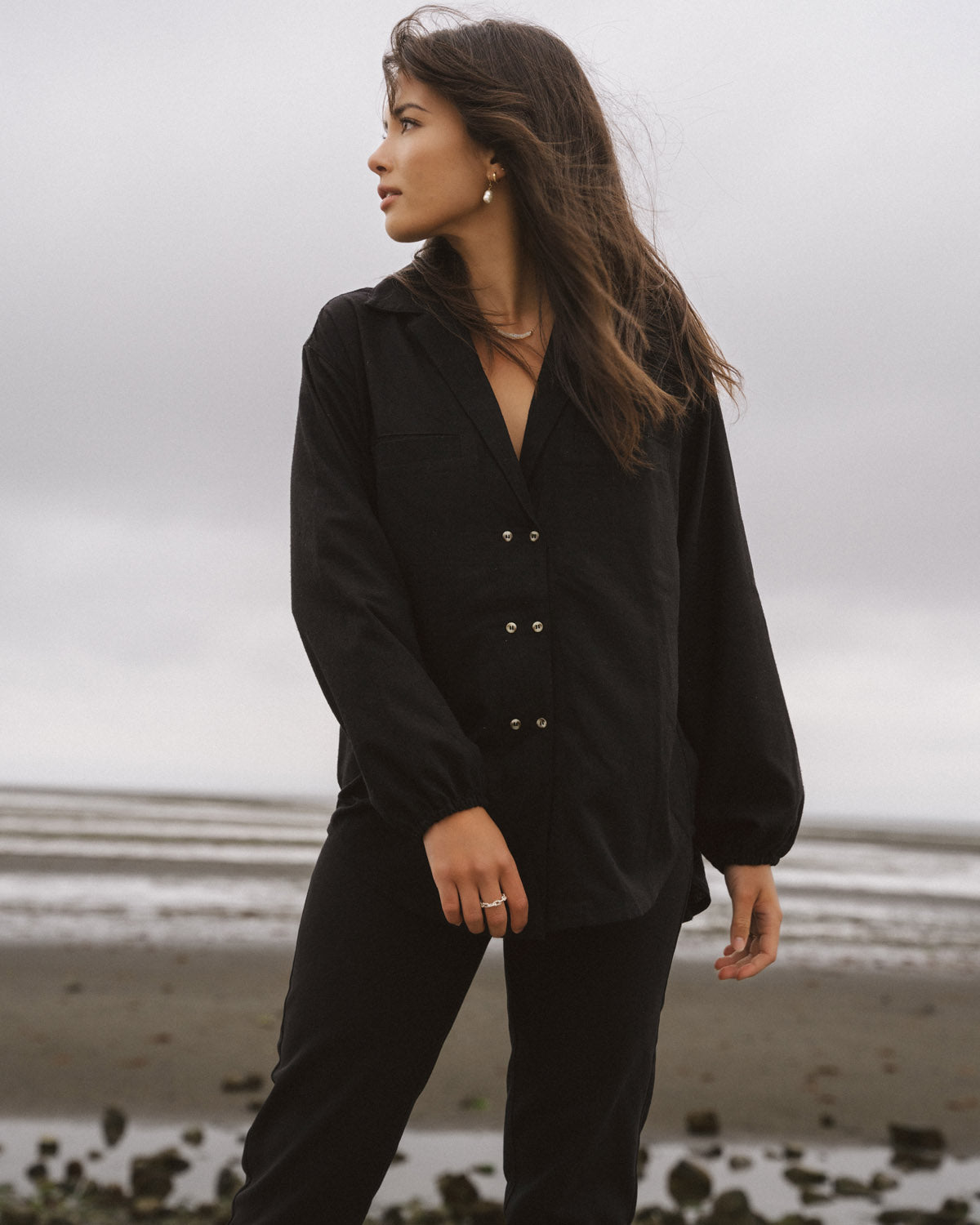 Black button-up made from raw silk