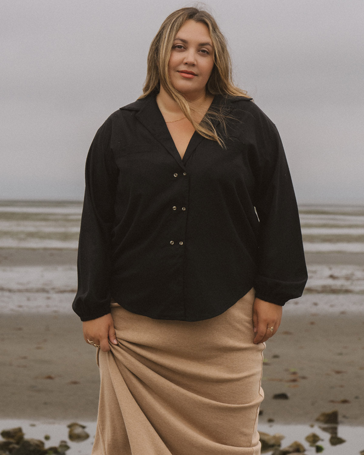 unique black button-up made from raw silk