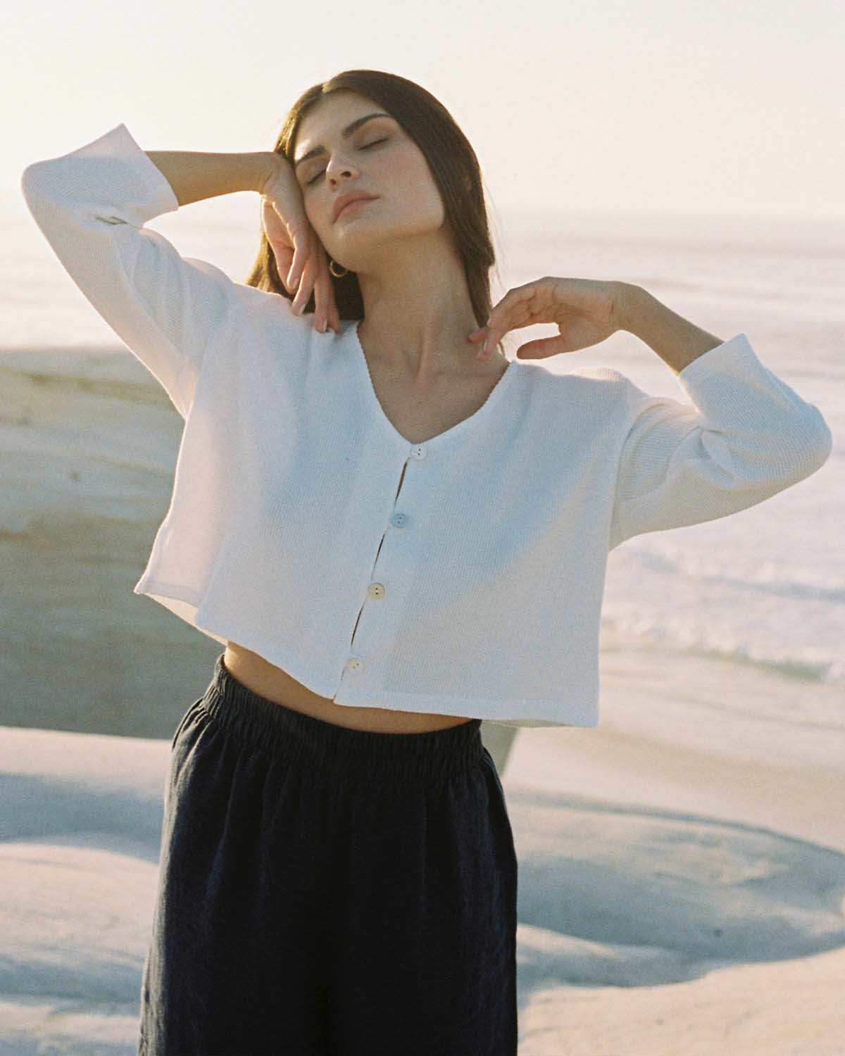 3/4 sleeve blouse with button front, in white