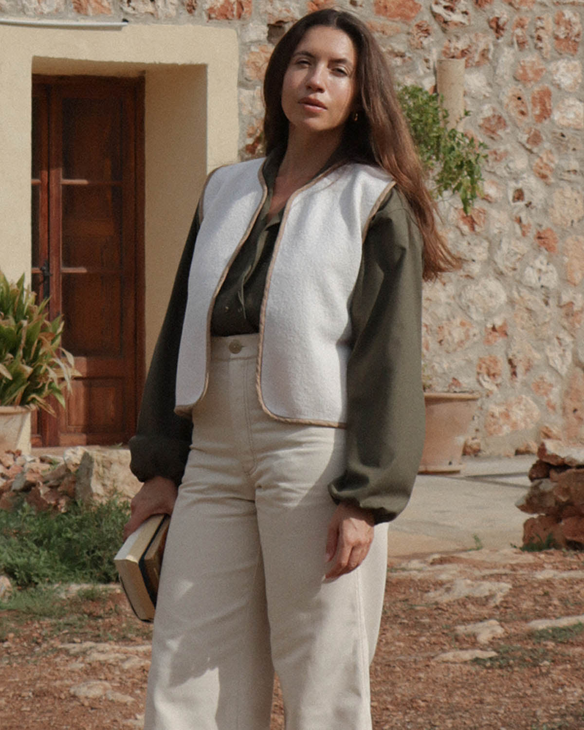 vanilla-coloured wool vest with tie