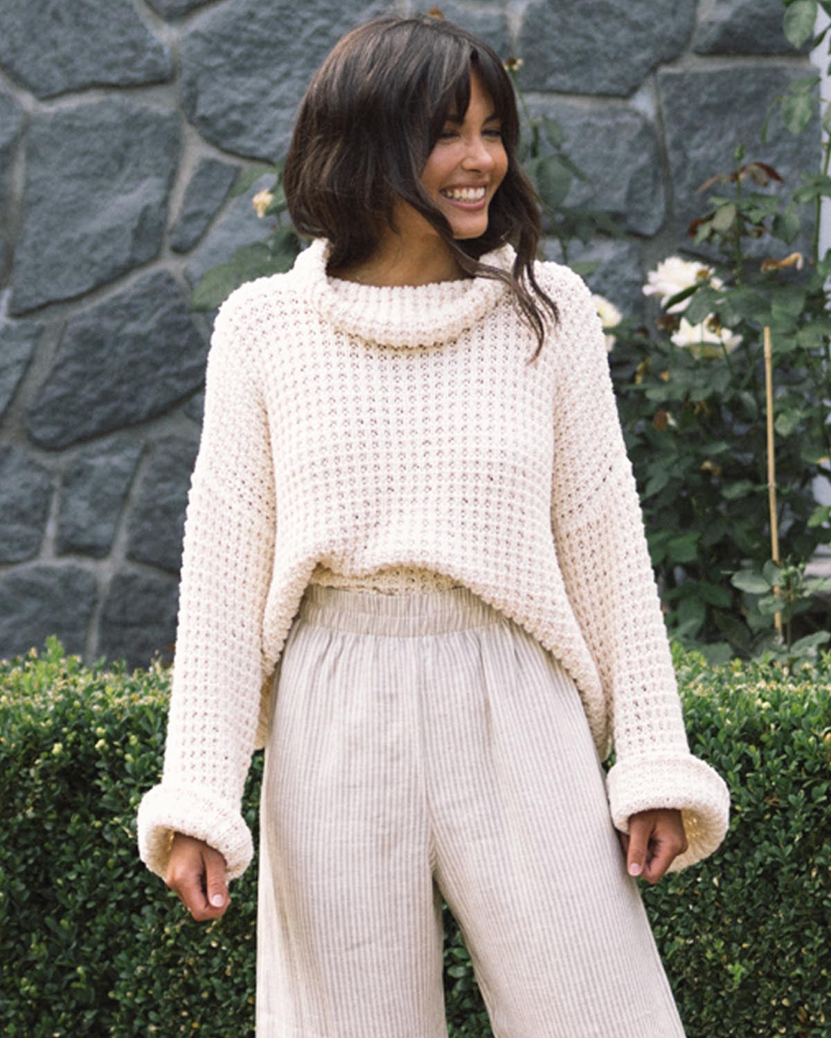 cream mockneck sweater made from cotton, wide sleeves