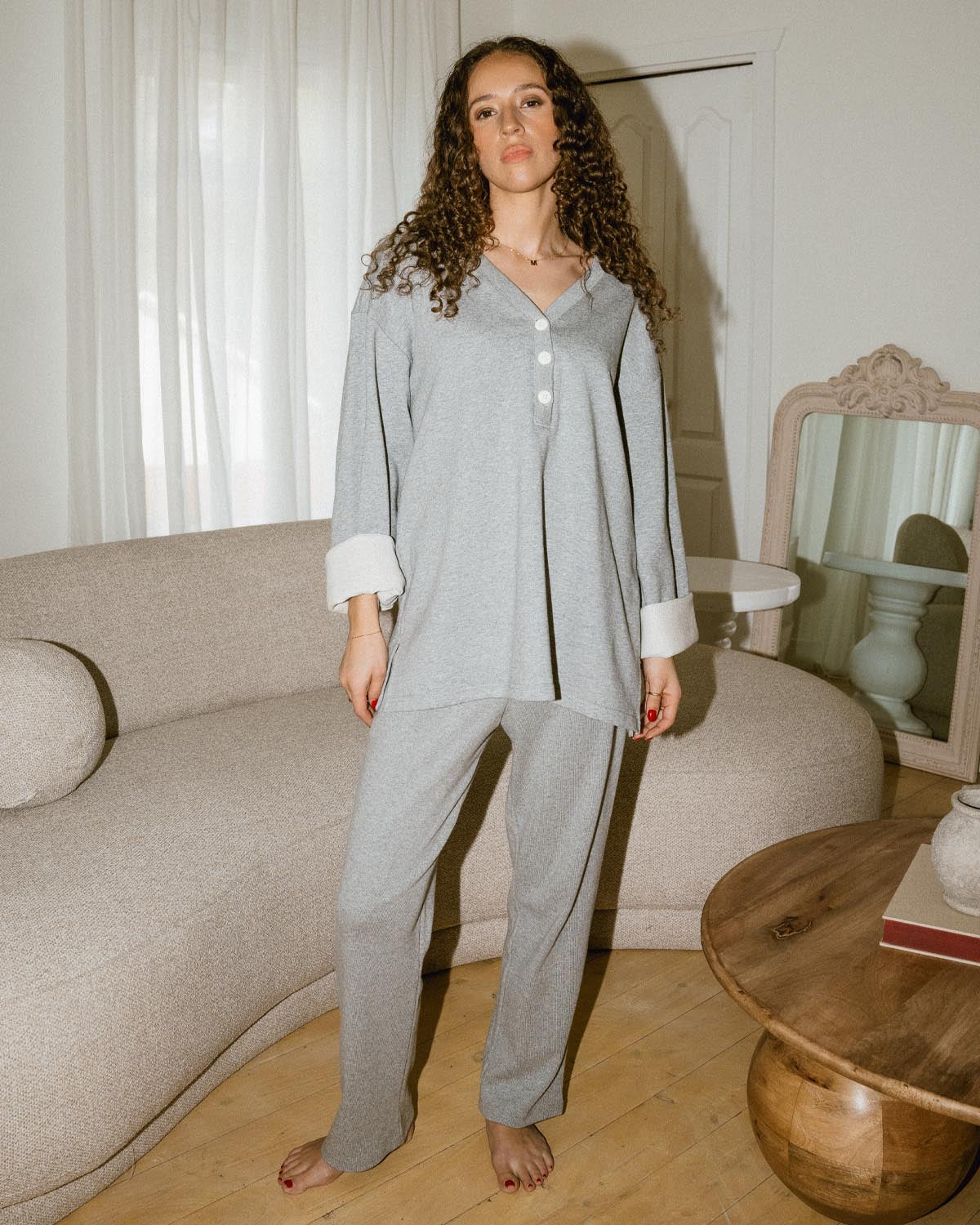 grey cotton pants with elastic waist