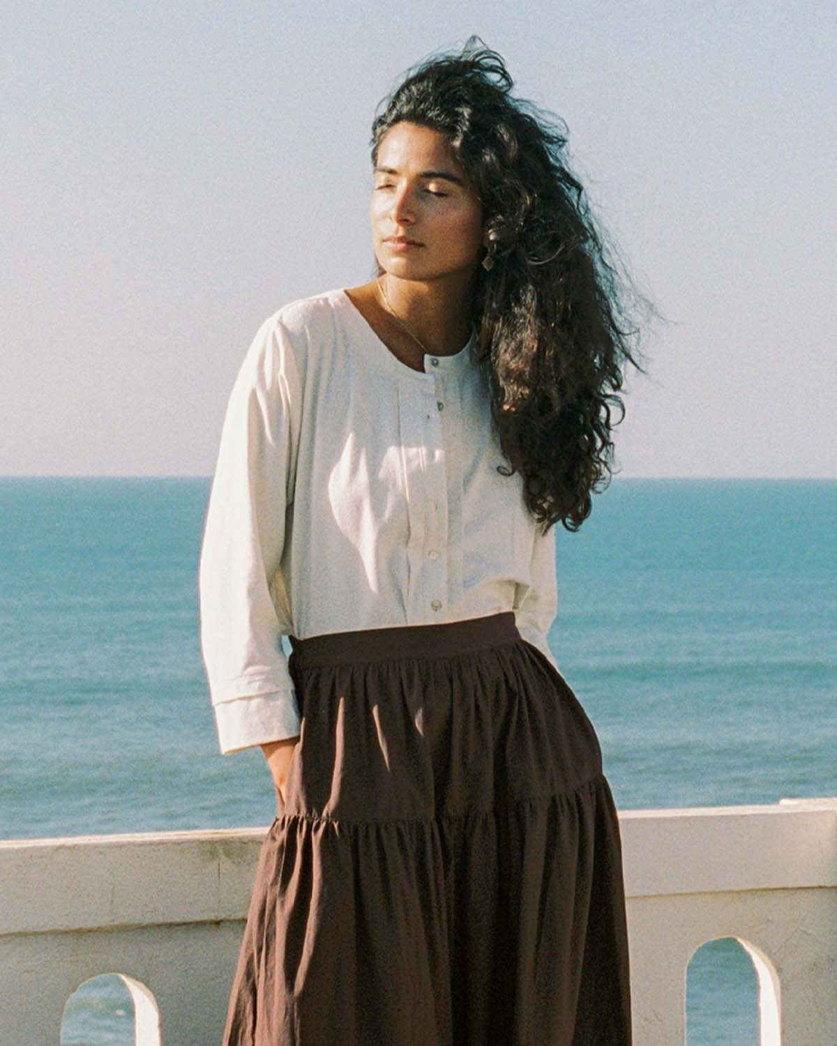 ivory raw silk button up blouse with 3/4 sleeves