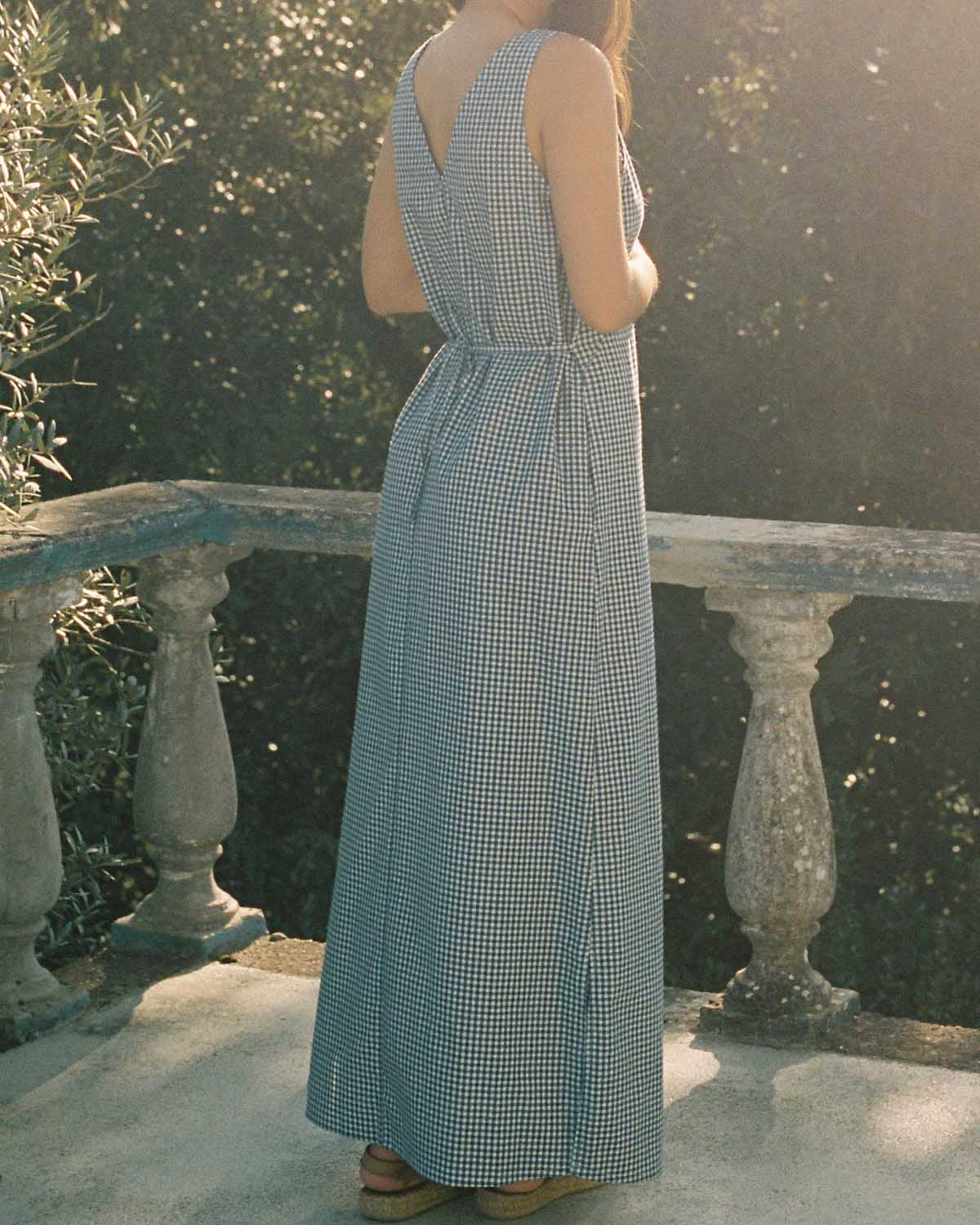 blue gingham maxi dress with tie and V-neck