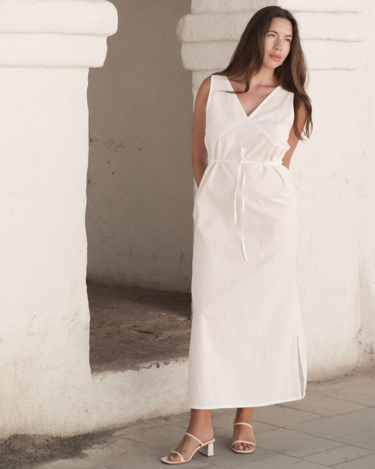 white cotton long dress with ties