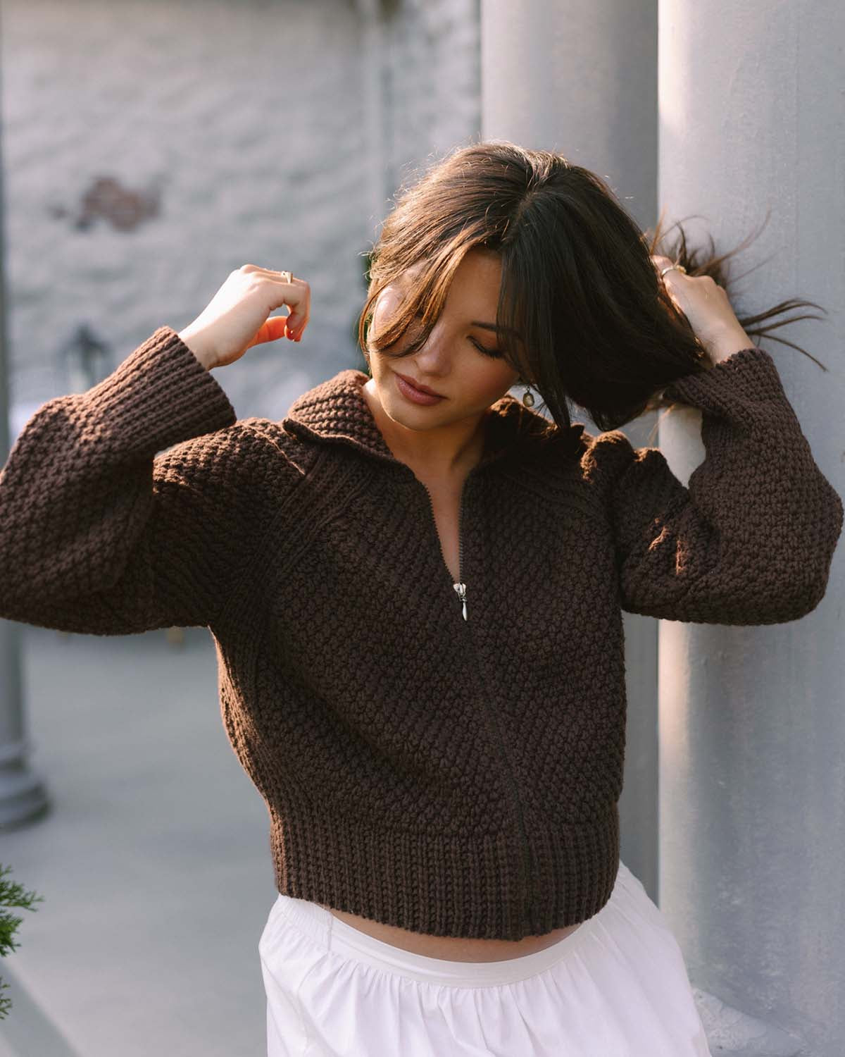 brown cotton zip up cardigan made from 100% cotton