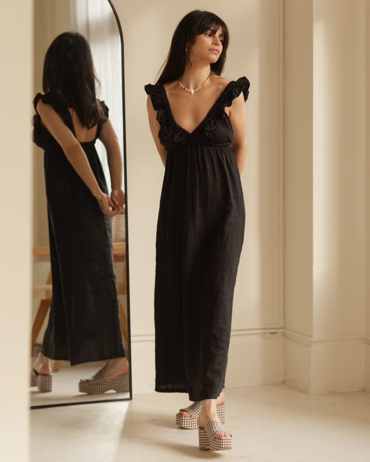 black linen dress with ruffles