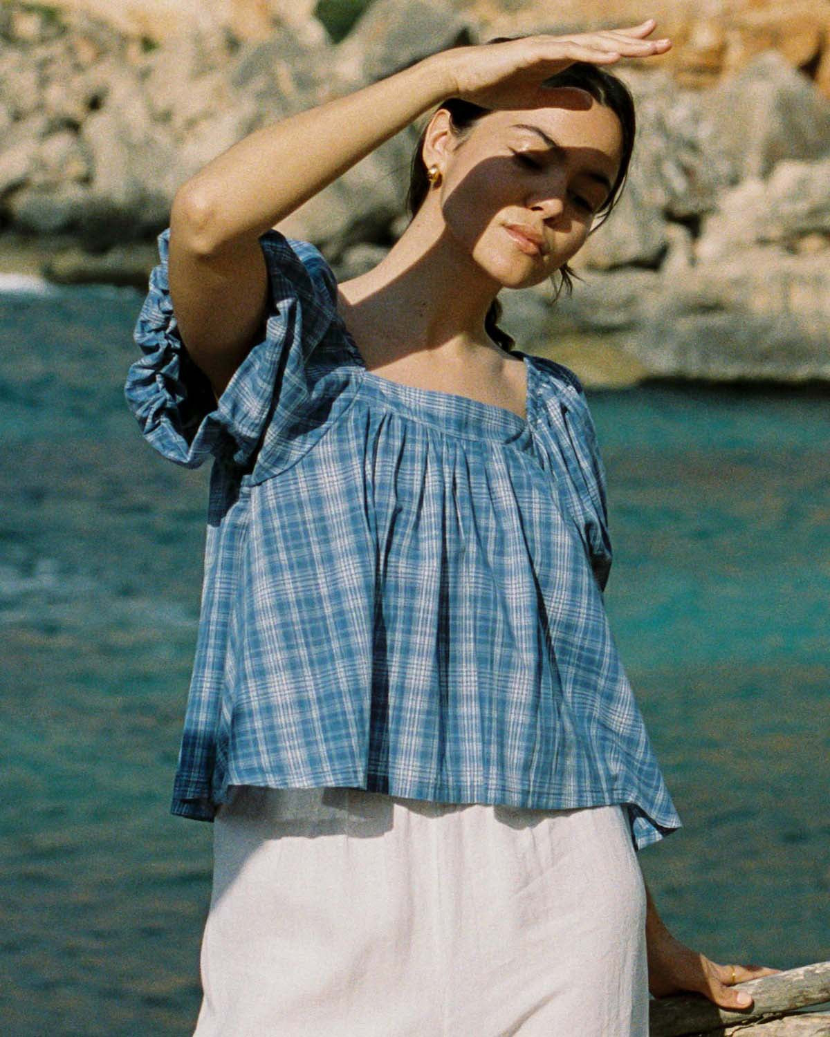 blue check puff sleeve blouse made from 100% cotton
