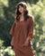 cinnamon-coloured long linen dress with adjustable sleeves