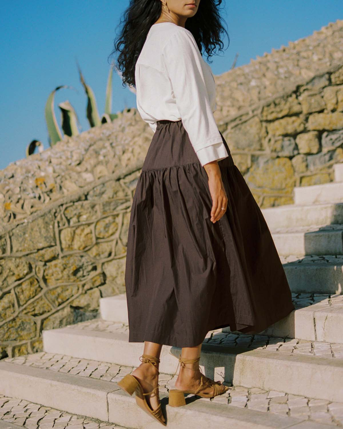 cotton, brown long skirt with ruffle