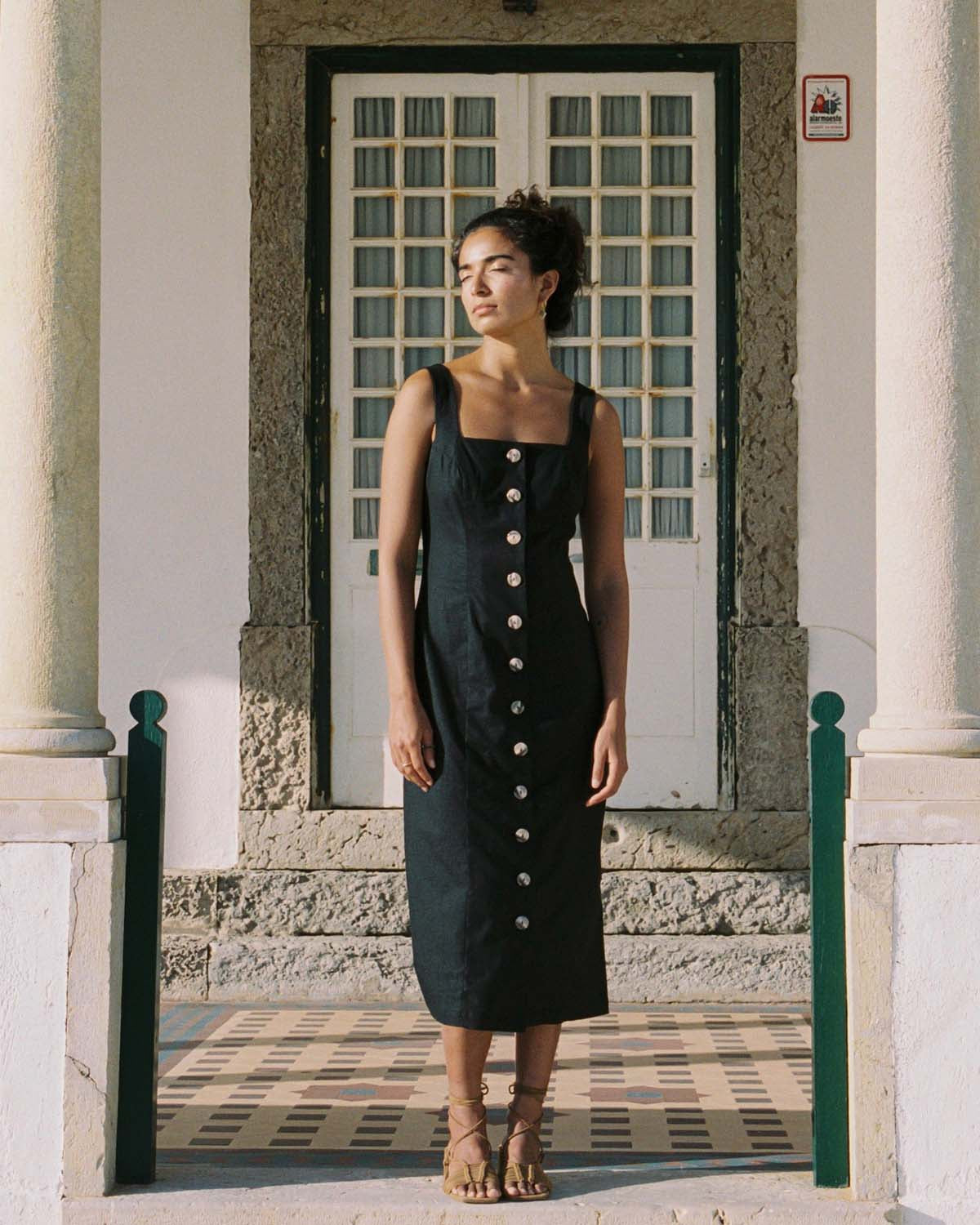 black button-front dress