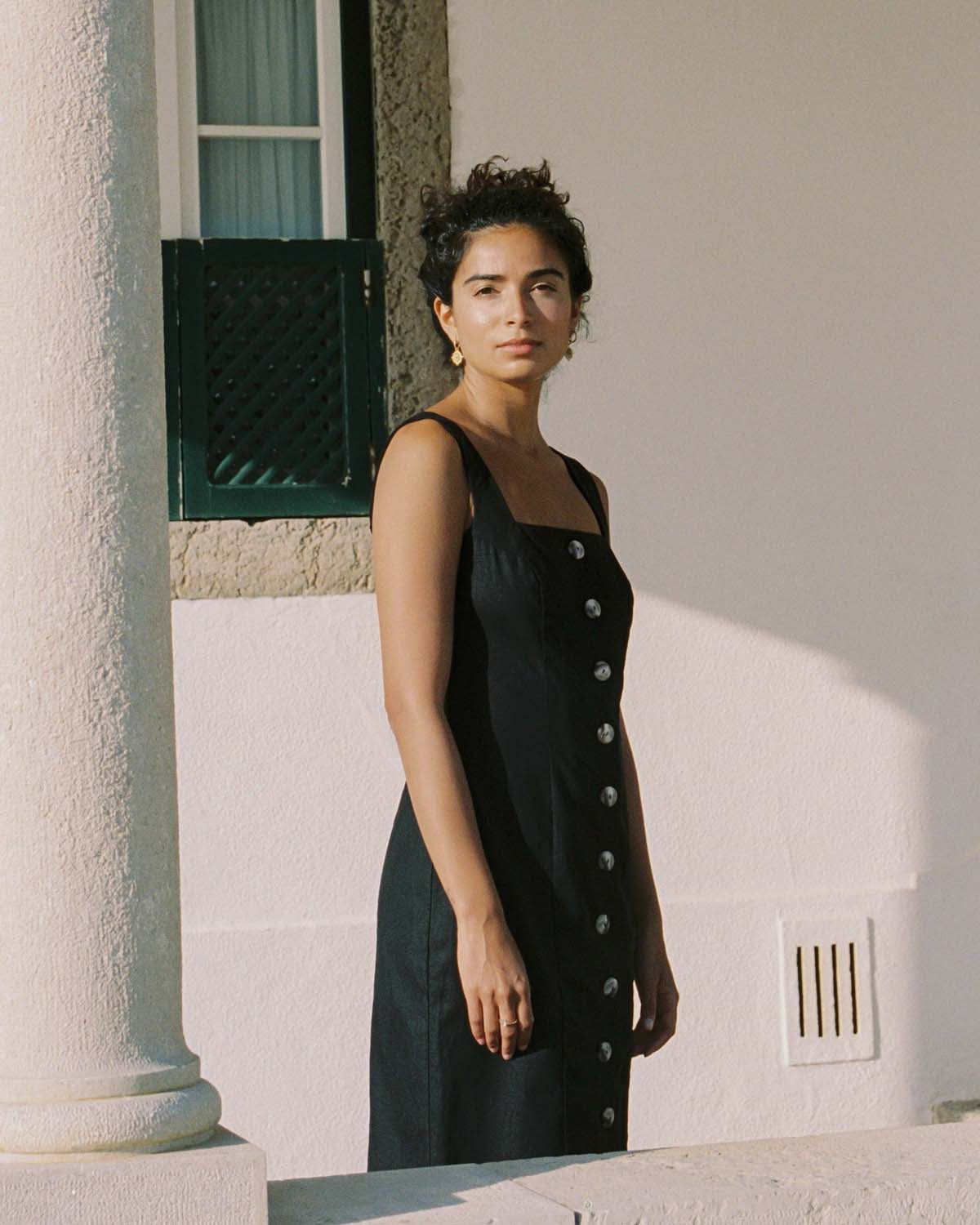 black button-front dress