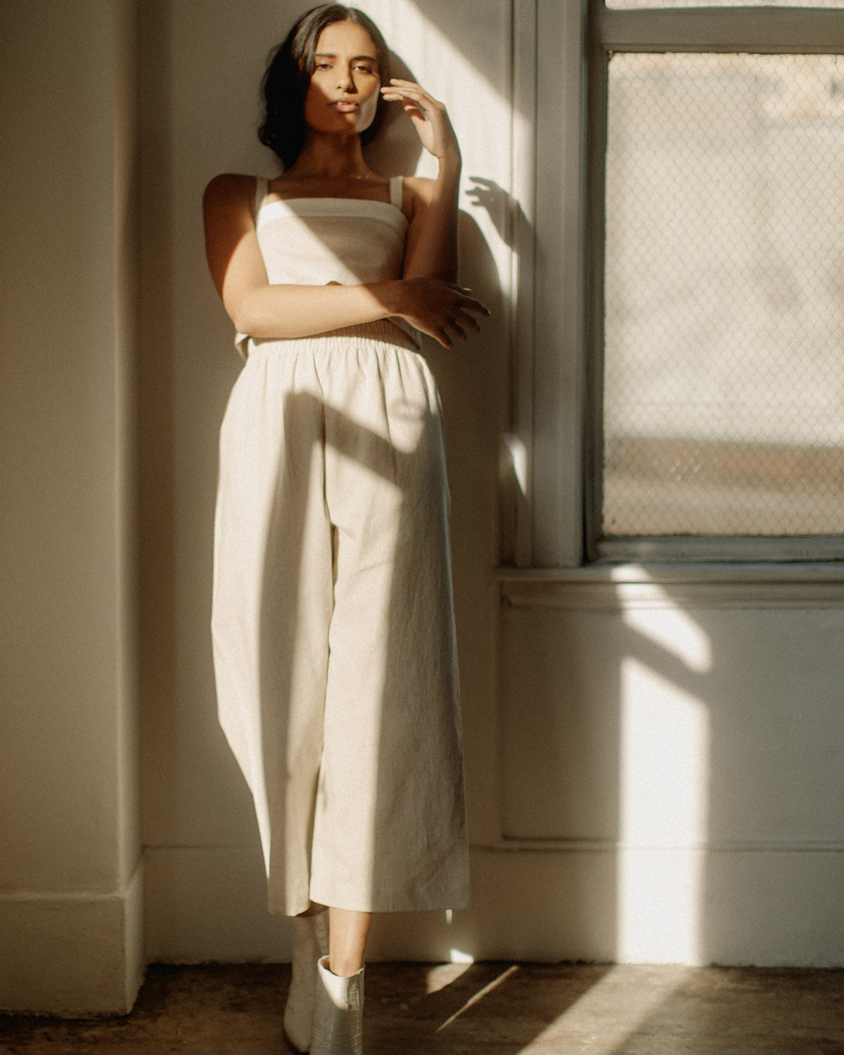 beige wide-leg, cropped pants with elastic waistband