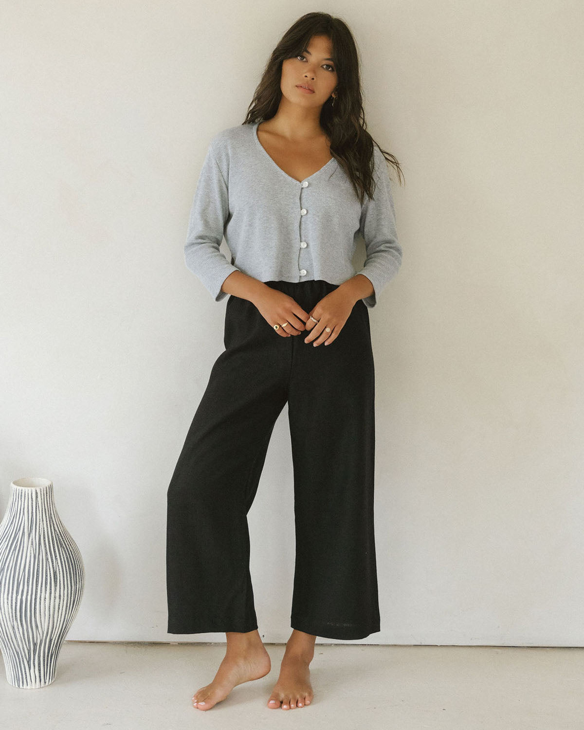 black cropped wide leg pants with elastic waistband