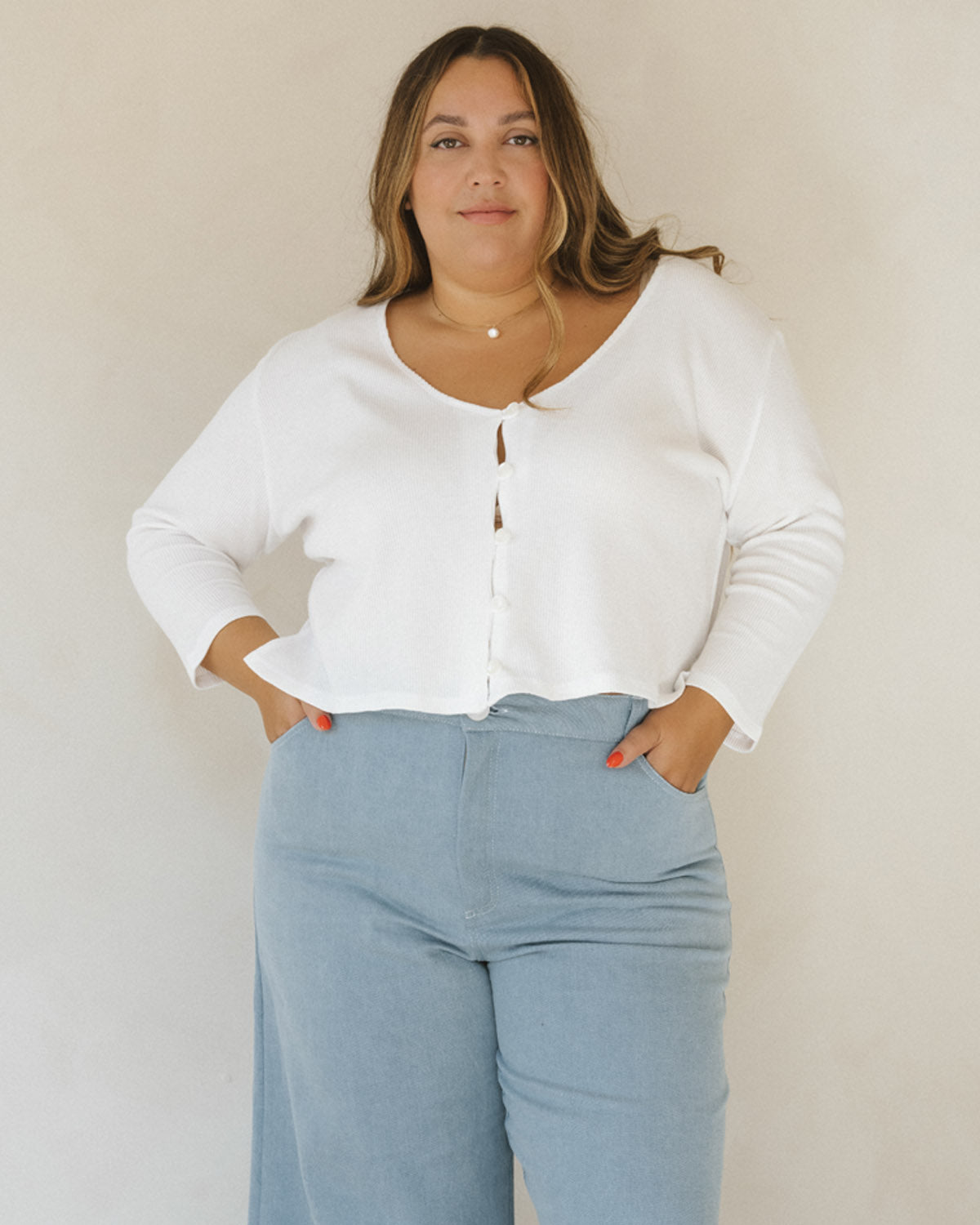 3/4 sleeve blouse with button front, in white