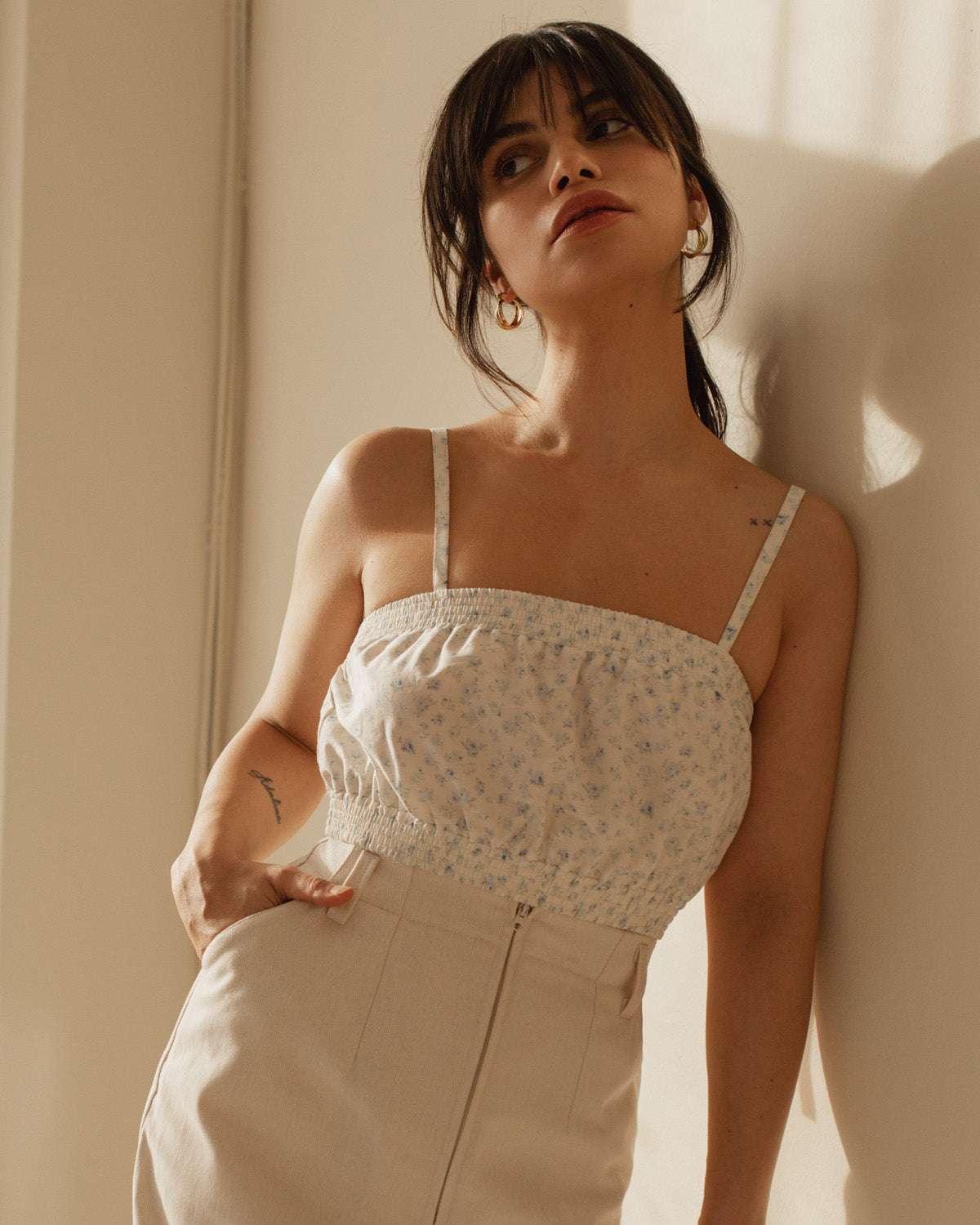 light blue floral cropped tank with adjustable straps