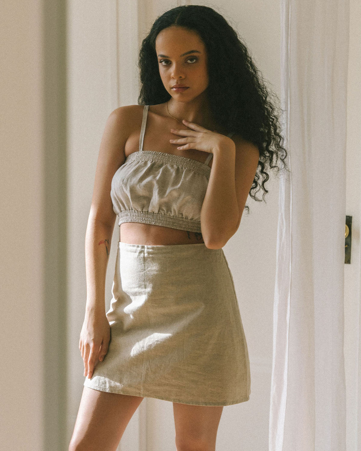 beige a-line skirt made from organic linen and organic cotton