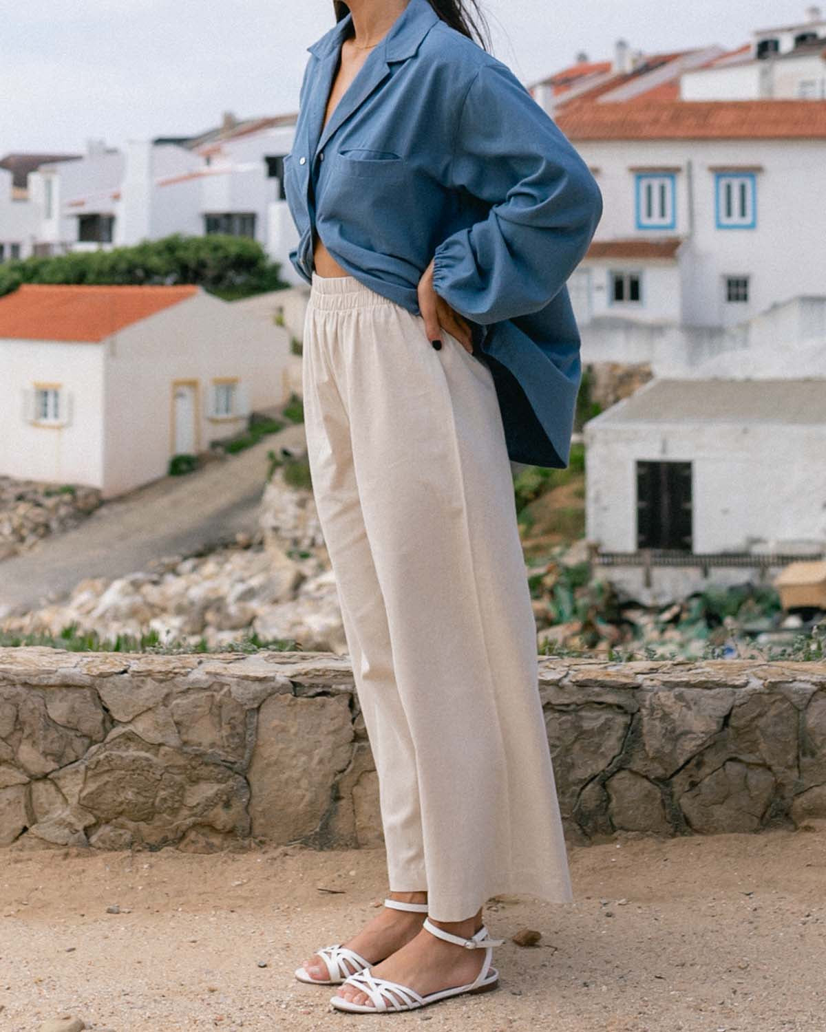 beige wide-leg, cropped pants with elastic waistband