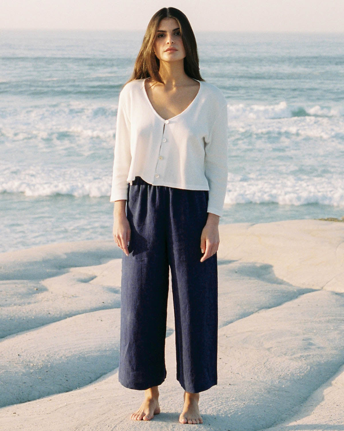 navy linen elastic waist pants