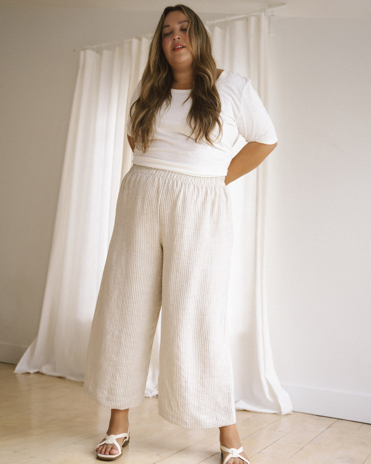 high-waisted wide leg pants with elastic waist and stripes