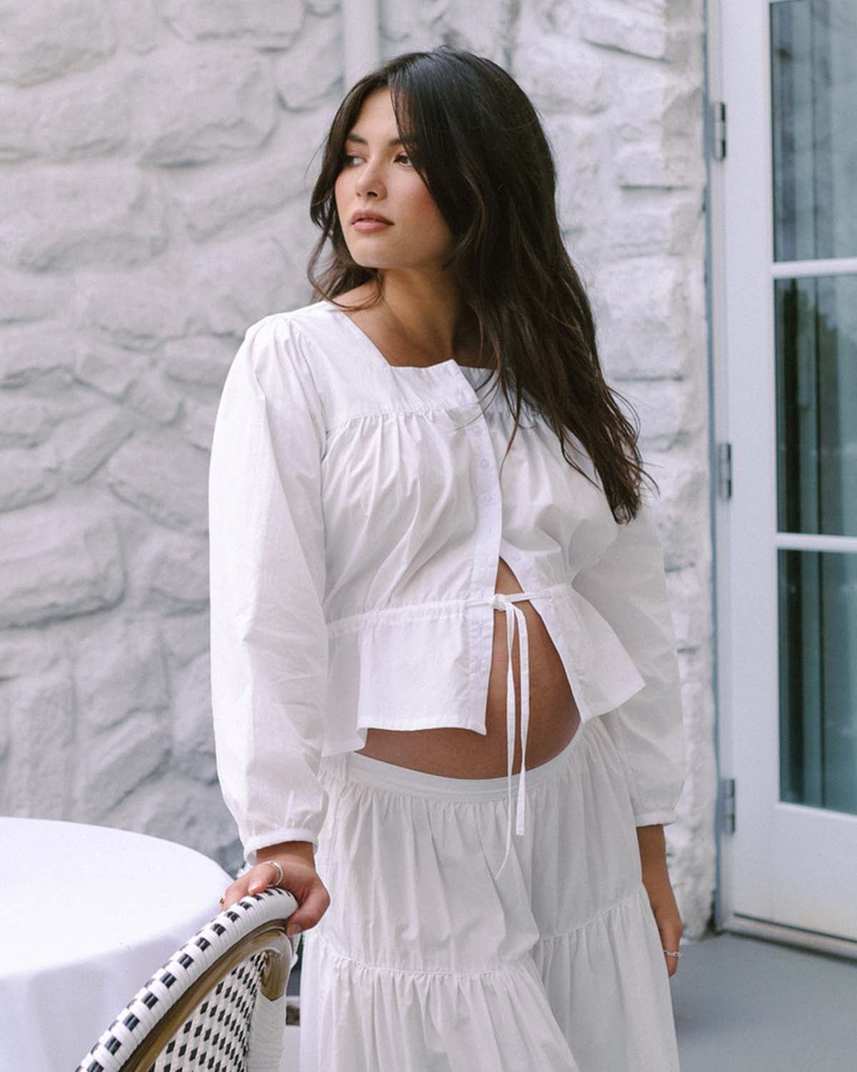 white cotton blouse with buttons and waist tie