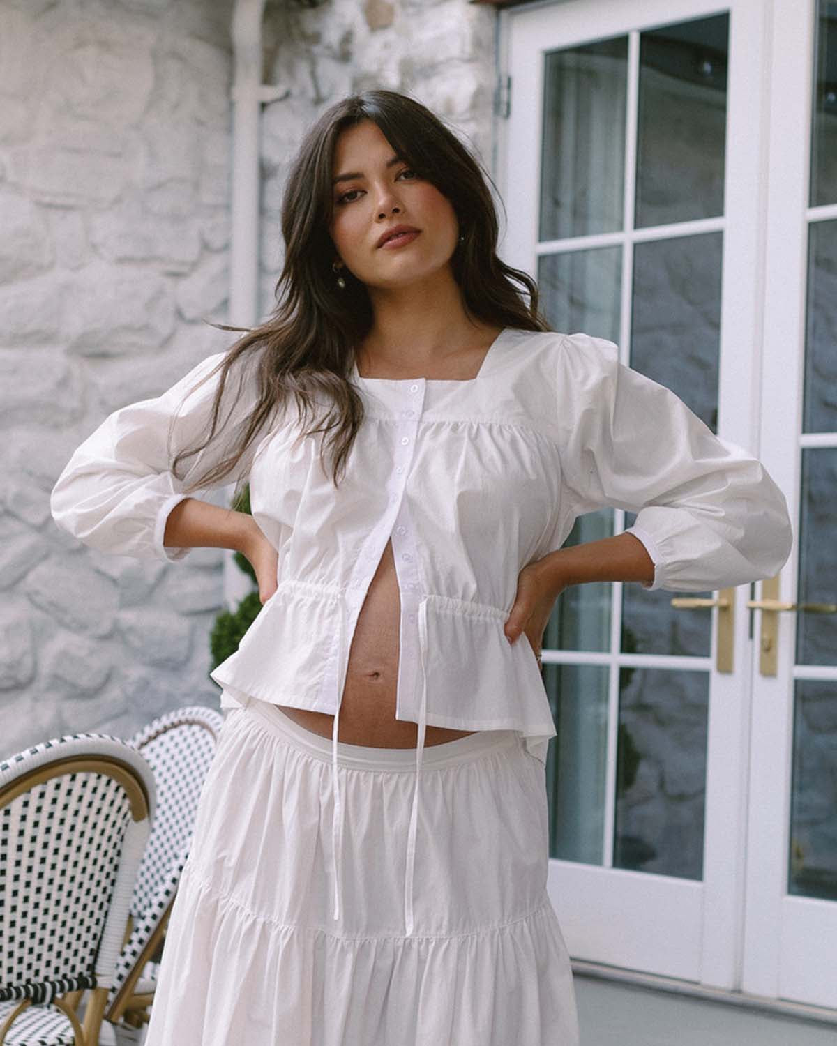 white cotton blouse with buttons and waist tie