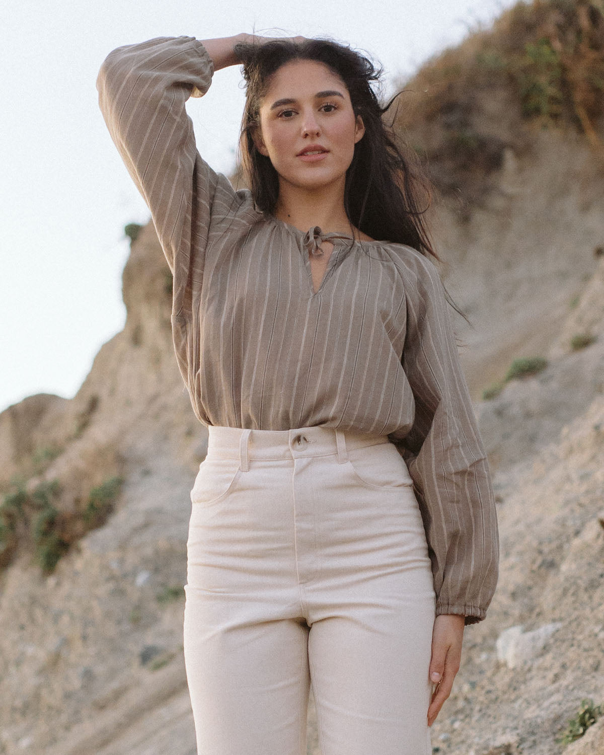 taupe stripe blouse with elastic cuffs and tie front