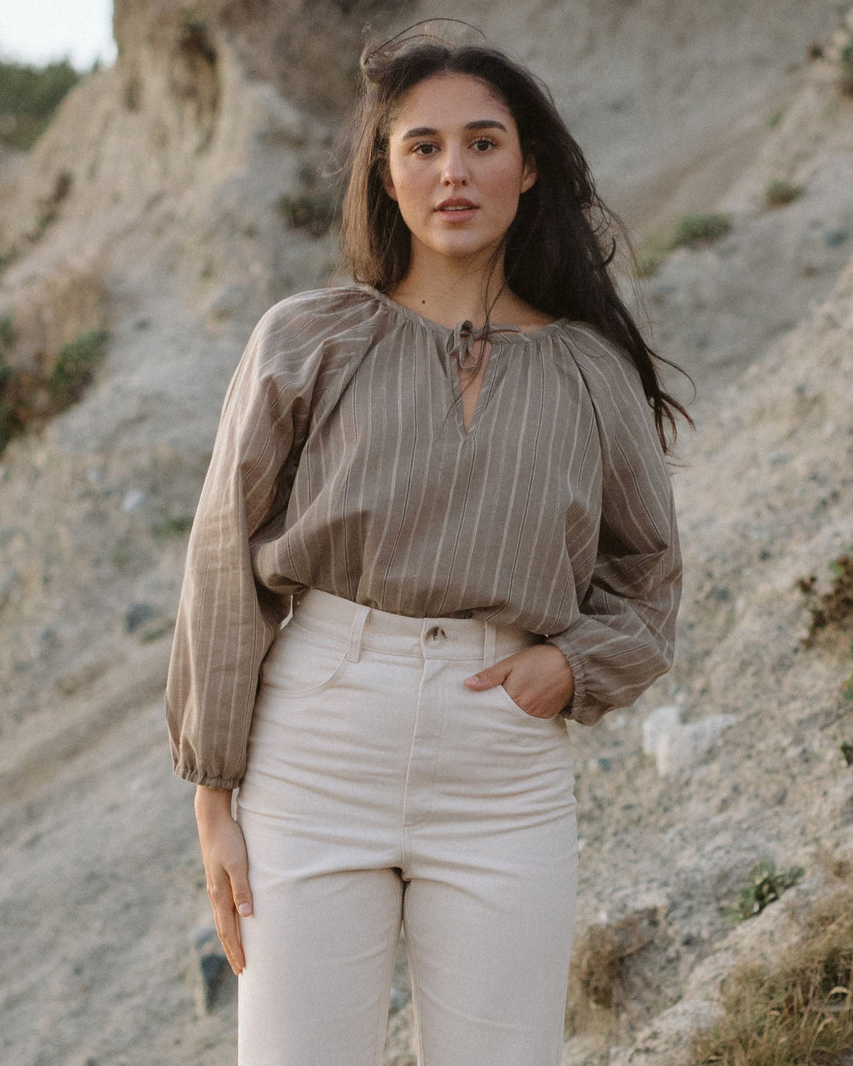 taupe stripe blouse with elastic cuffs and tie front