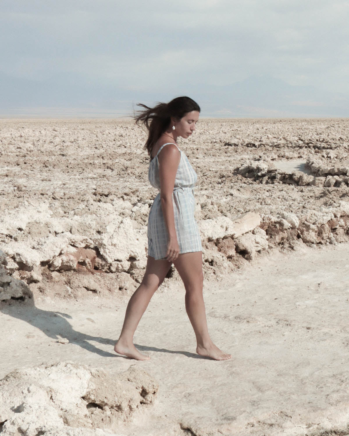 beige/blue stripe romper with adjustable tie and waist tie