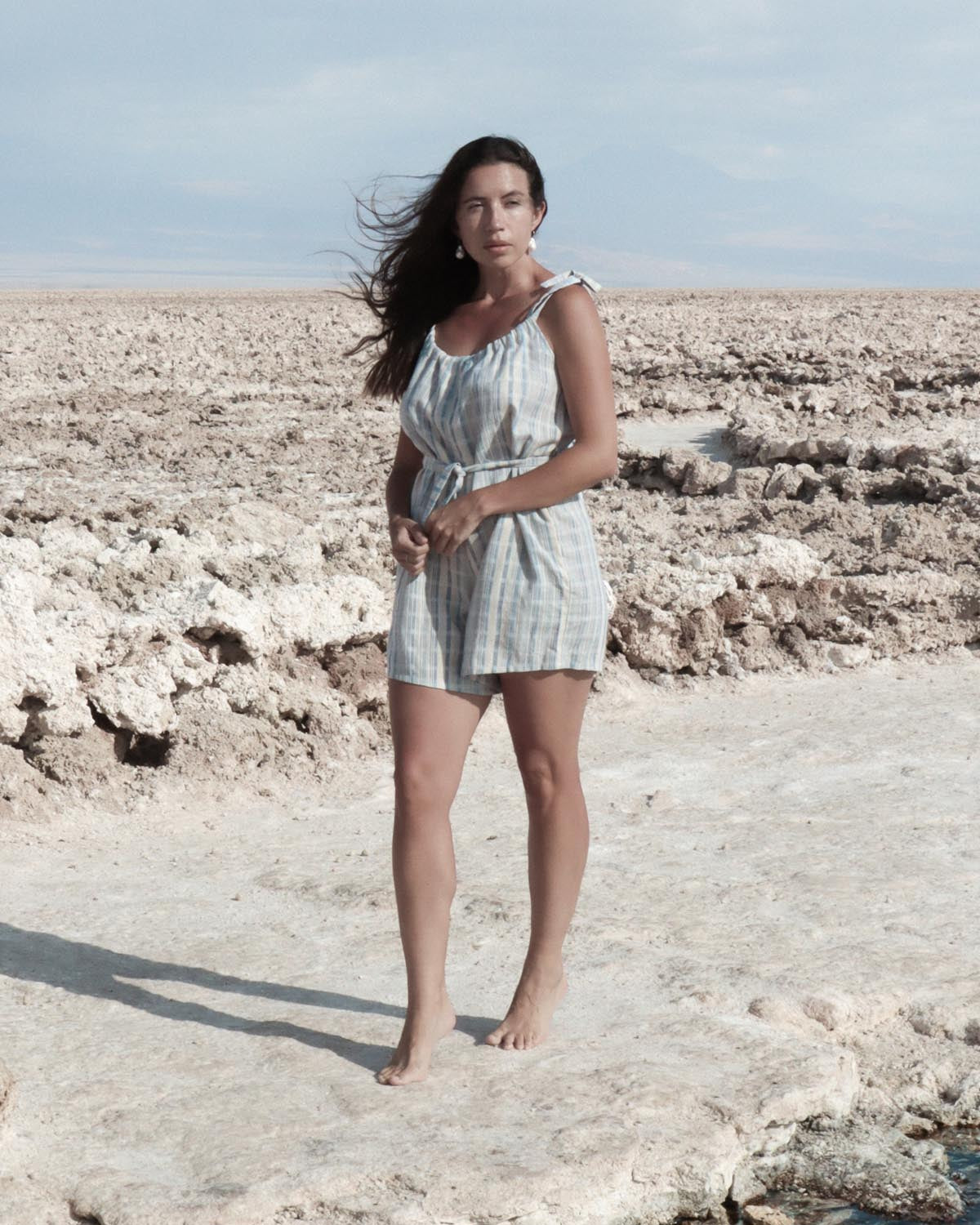 beige/blue stripe romper with adjustable tie and waist tie