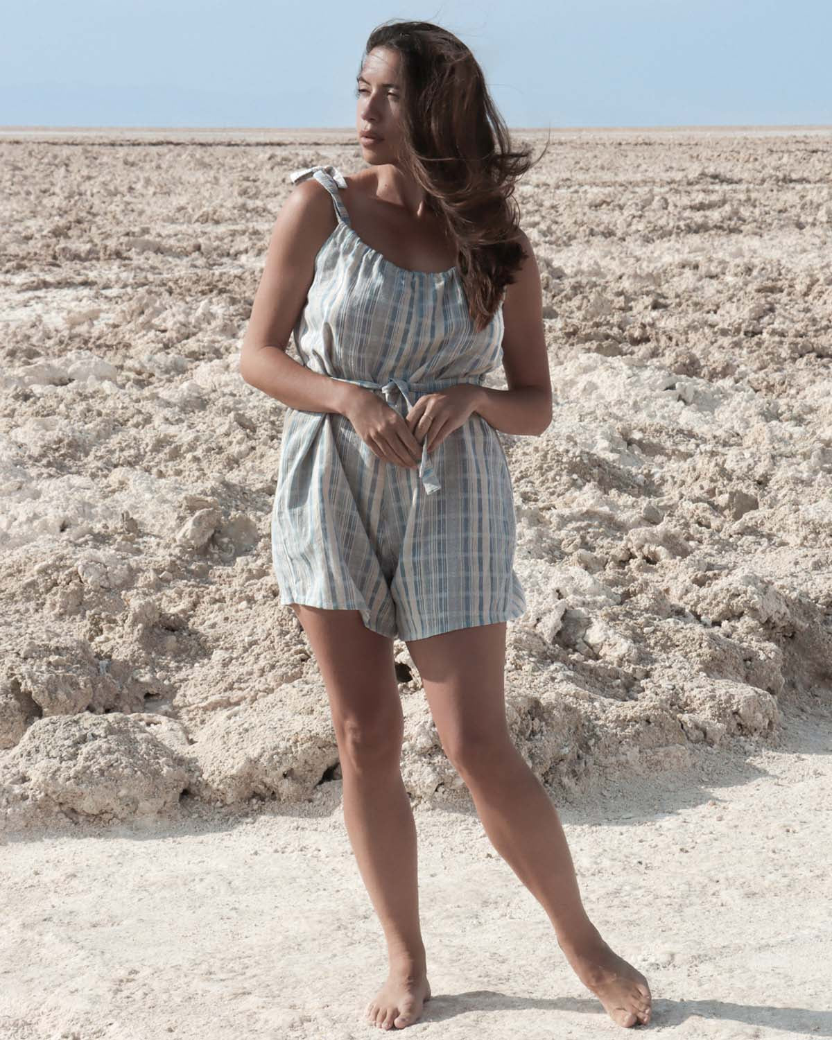 beige/blue stripe romper with adjustable tie and waist tie