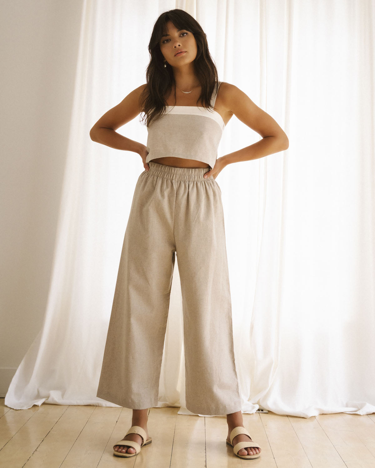 beige wide-leg, cropped pants with elastic waistband
