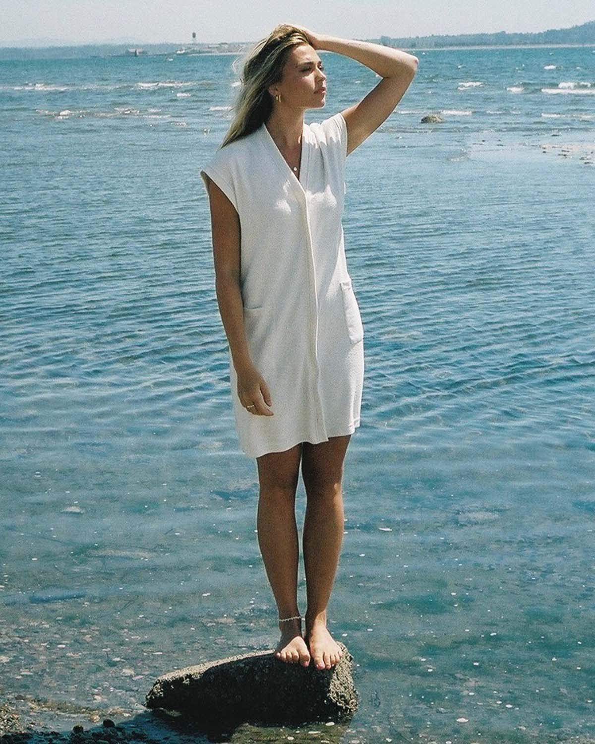 organic cotton terry beach cover up with tie and pockets