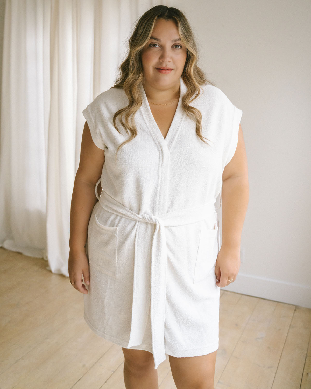 organic cotton terry beach cover up with tie and pockets