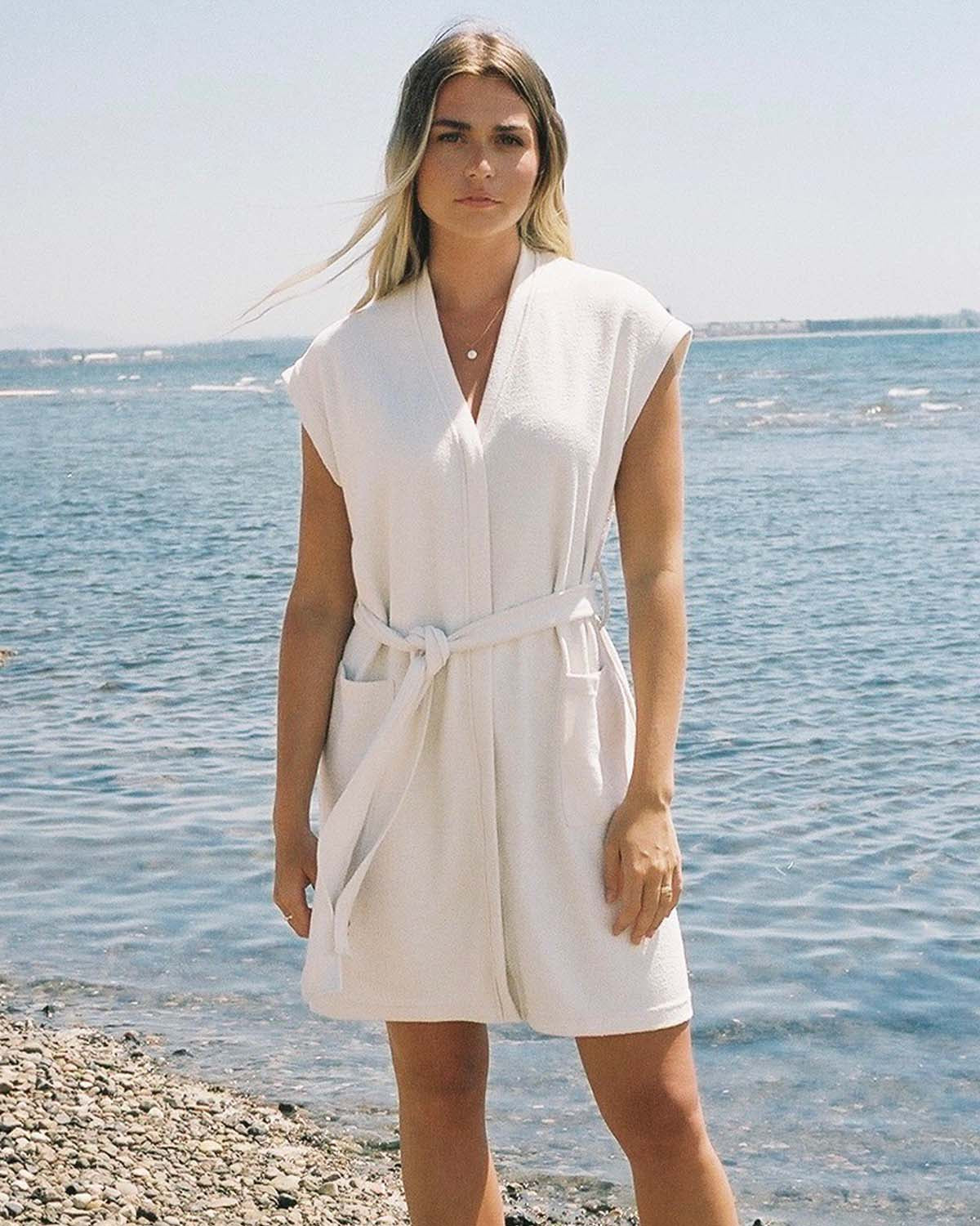 organic cotton terry beach cover up with tie and pockets