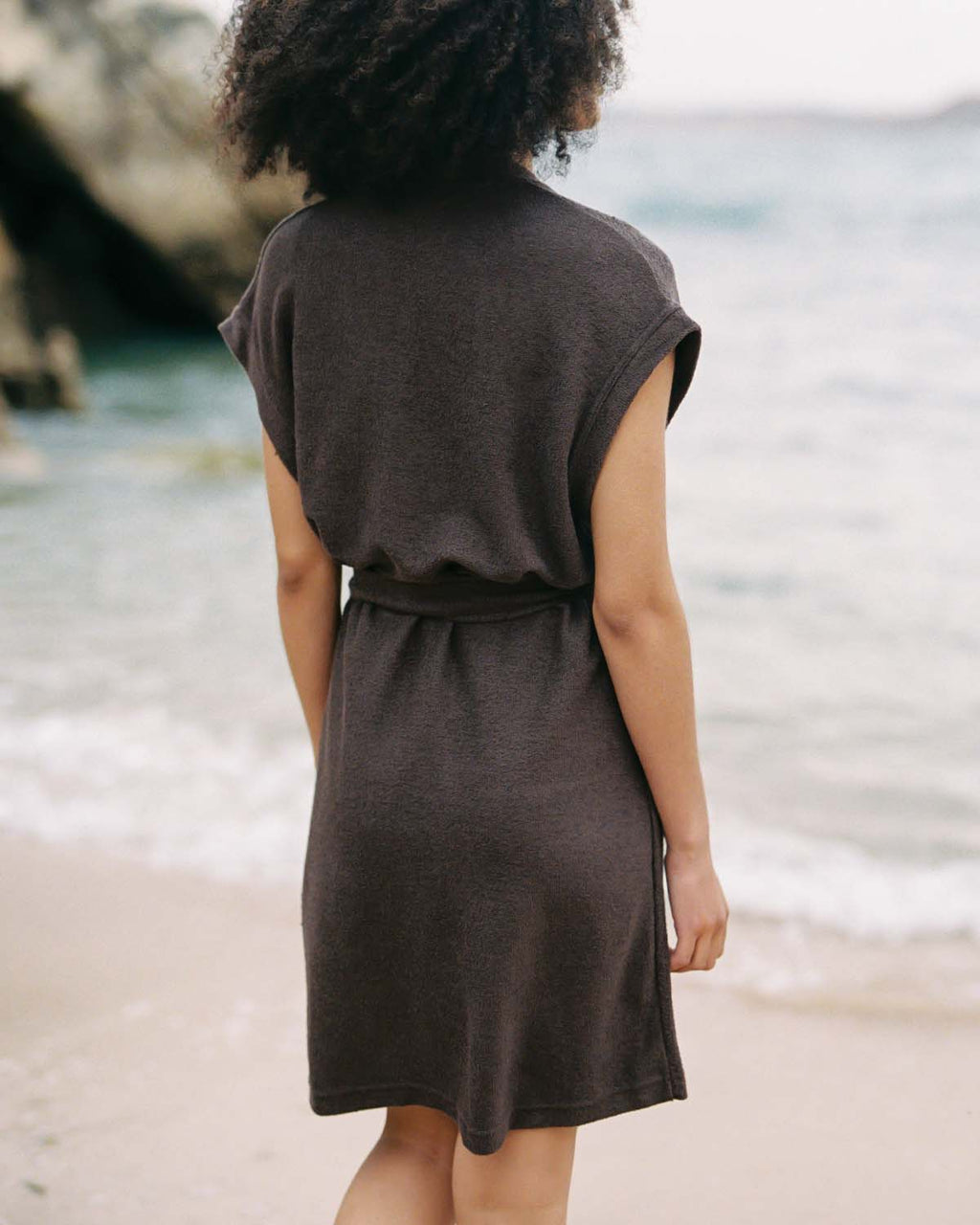 brown cotton terry beach cover-up with pockets and tie