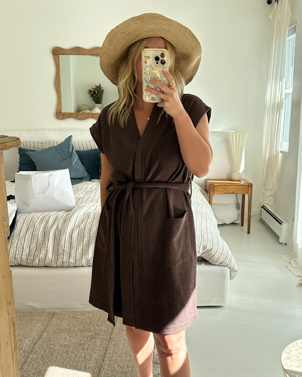 brown cotton terry beach cover-up with pockets and tie